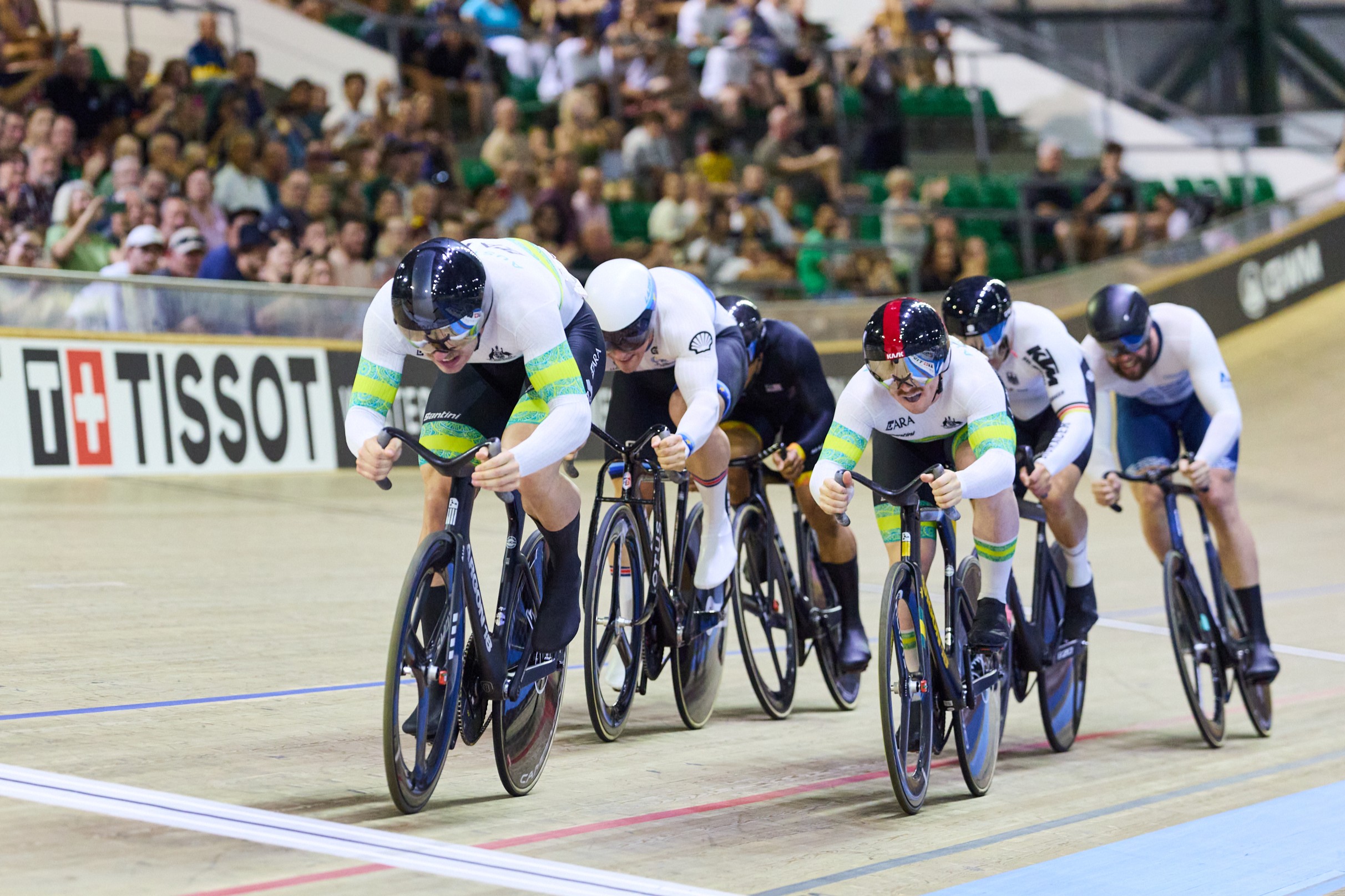 Two Australian track cyclists Leigh Hoffman and Tayte Ryan lead a keirin race during the 2026 UCI Track World Cup in Perth, Western Australia.